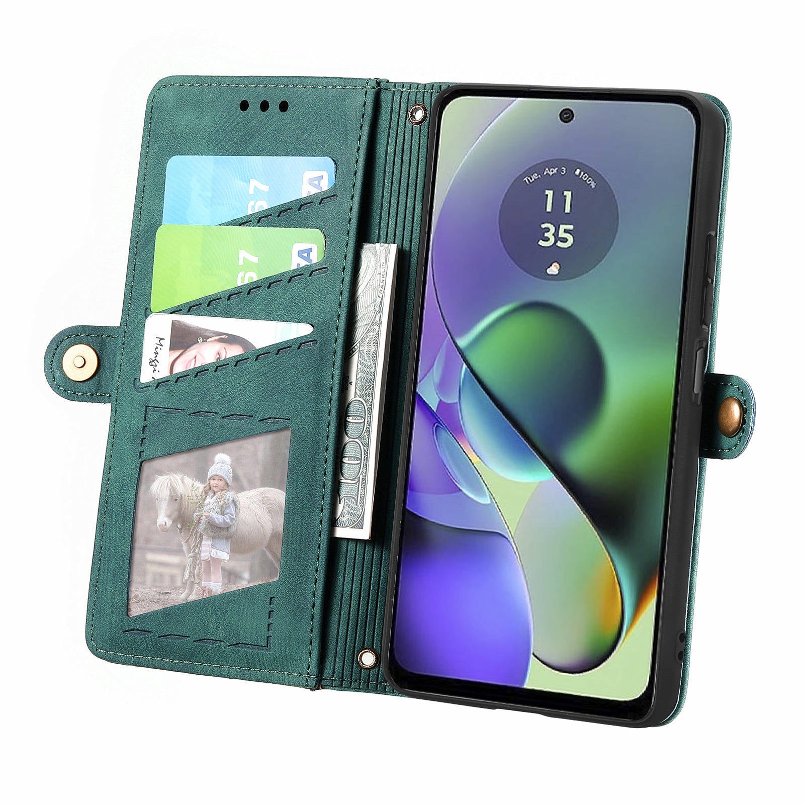 For Motorola Moto G54 5G Leather Case Zipper Pocket Wallet Geometry Flip Phone Cover - Green