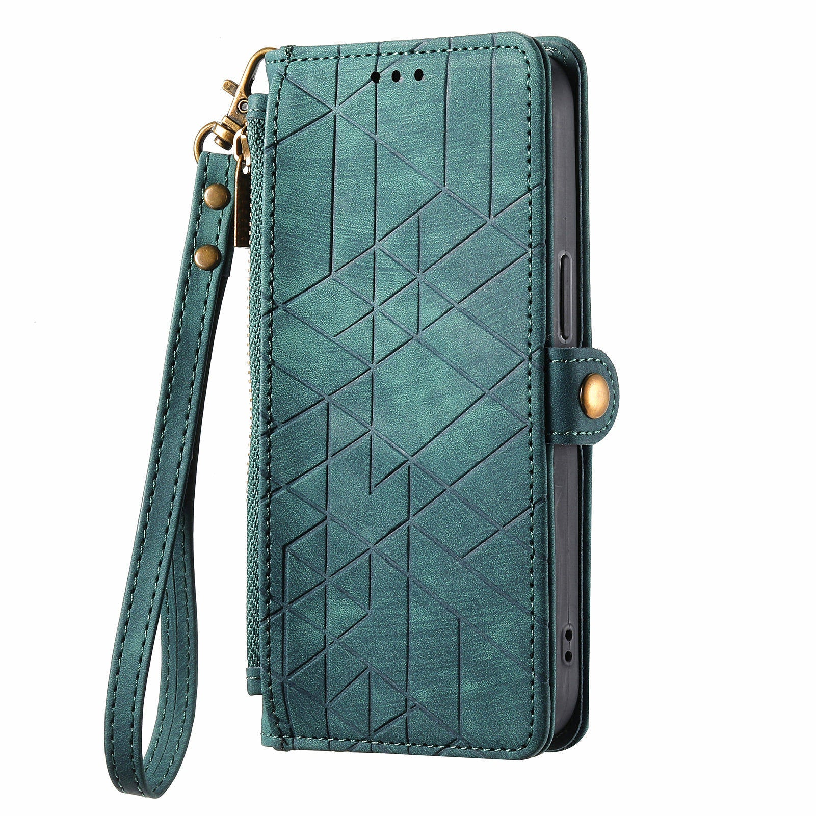 For Motorola Moto G54 5G Leather Case Zipper Pocket Wallet Geometry Flip Phone Cover - Green