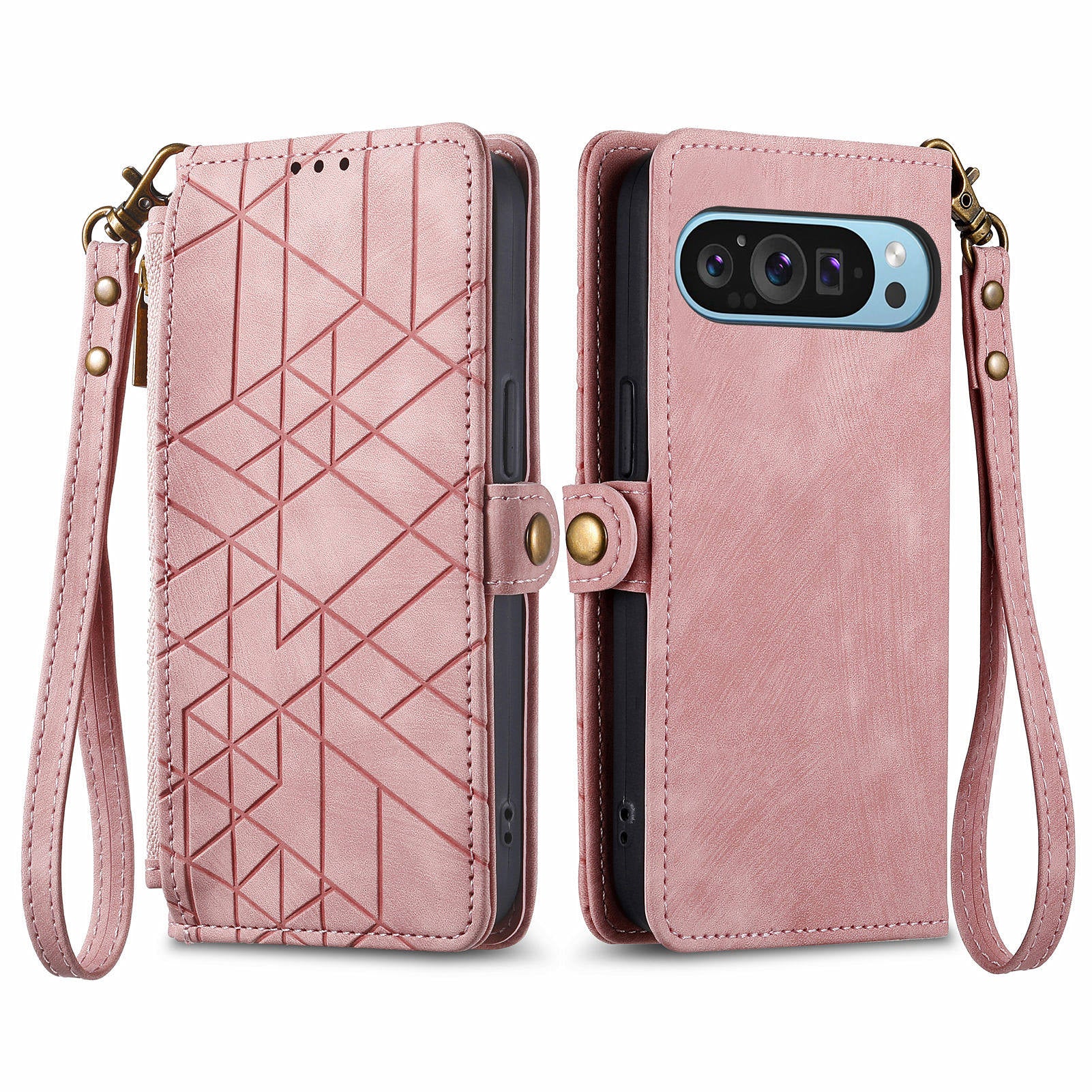 Leather Case for Google Pixel 9 Pro Zipper Pocket Geometry Mobile Phone Wallet Cover - Pink