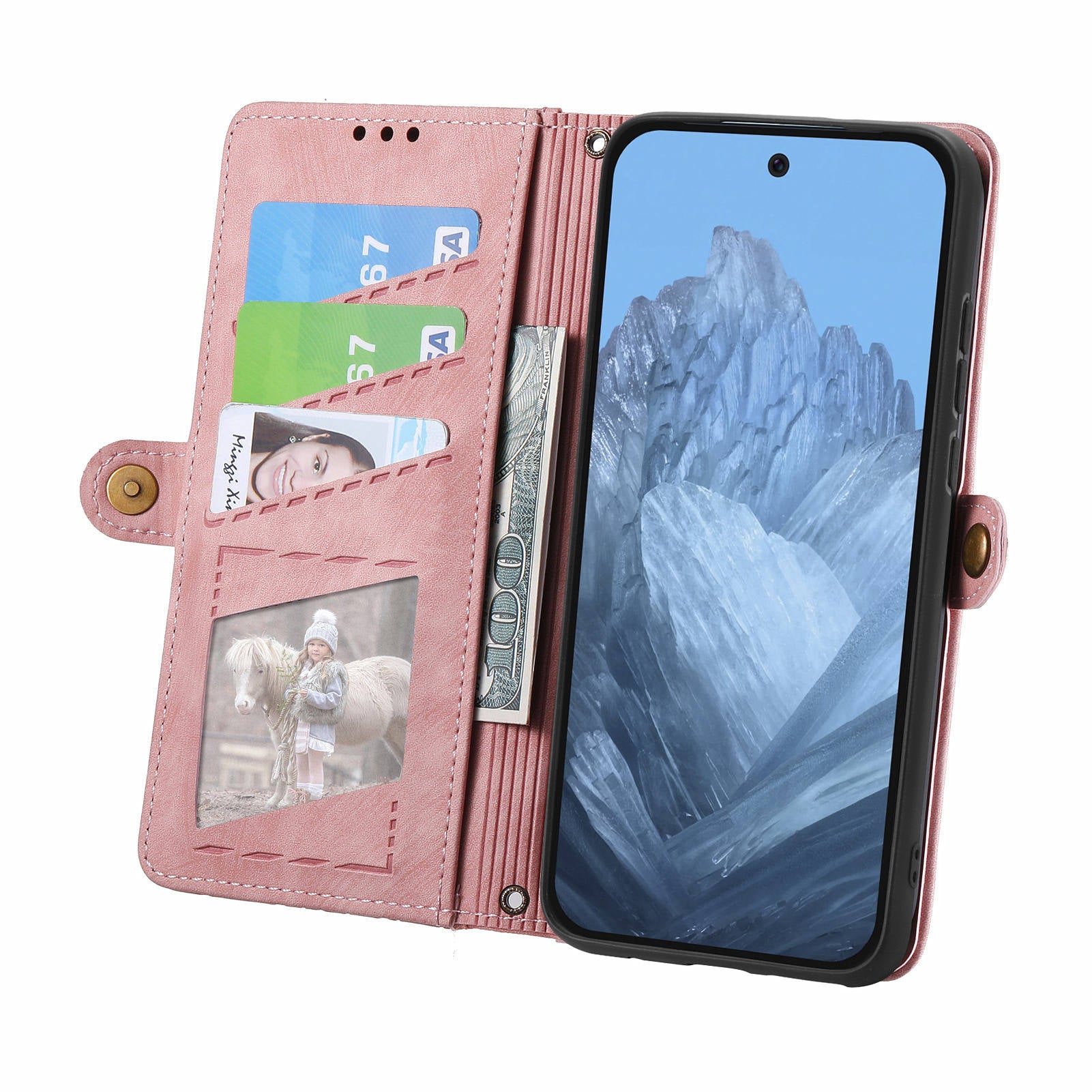 Leather Case for Google Pixel 9 Pro Zipper Pocket Geometry Mobile Phone Wallet Cover - Pink