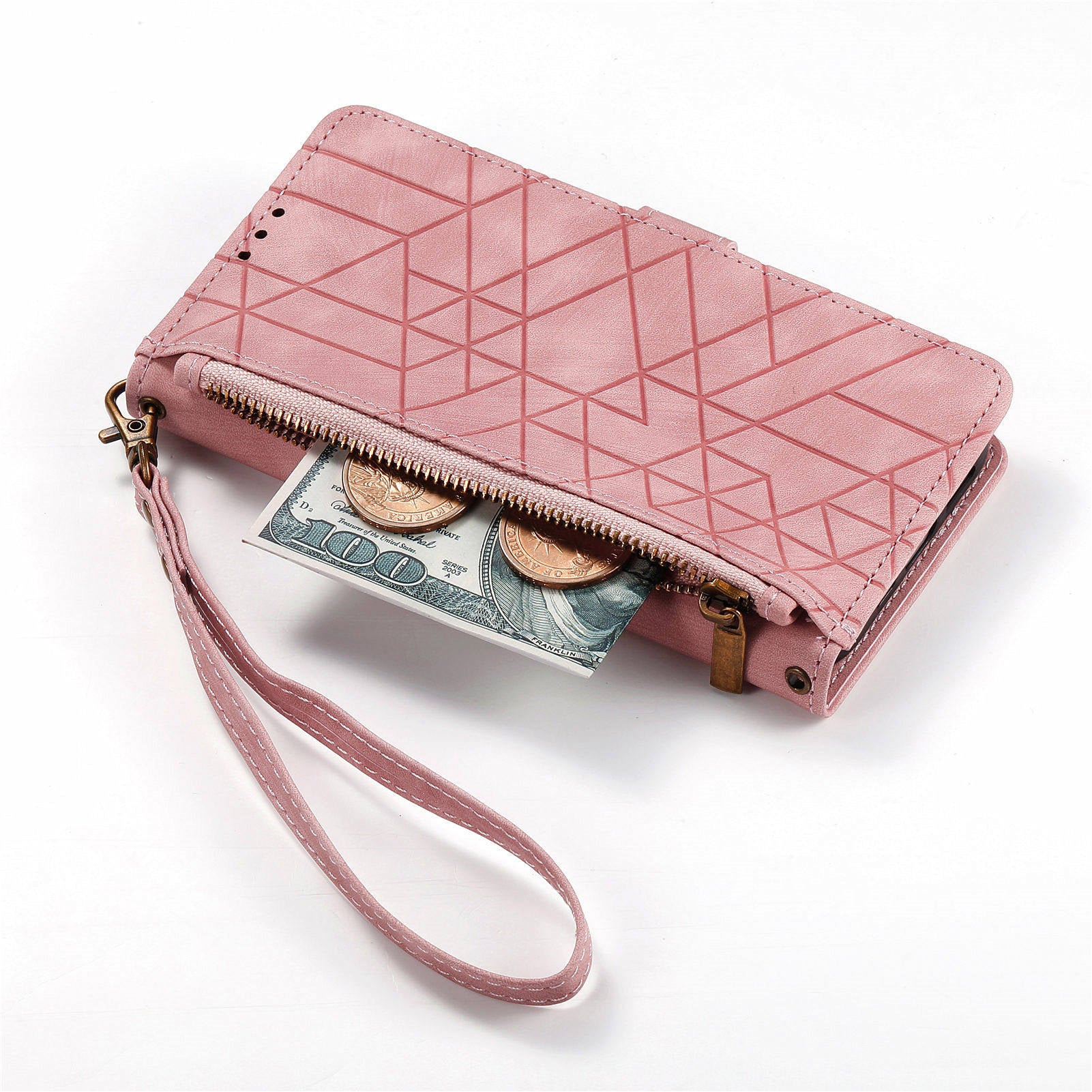 Leather Case for Google Pixel 9 Pro Zipper Pocket Geometry Mobile Phone Wallet Cover - Pink