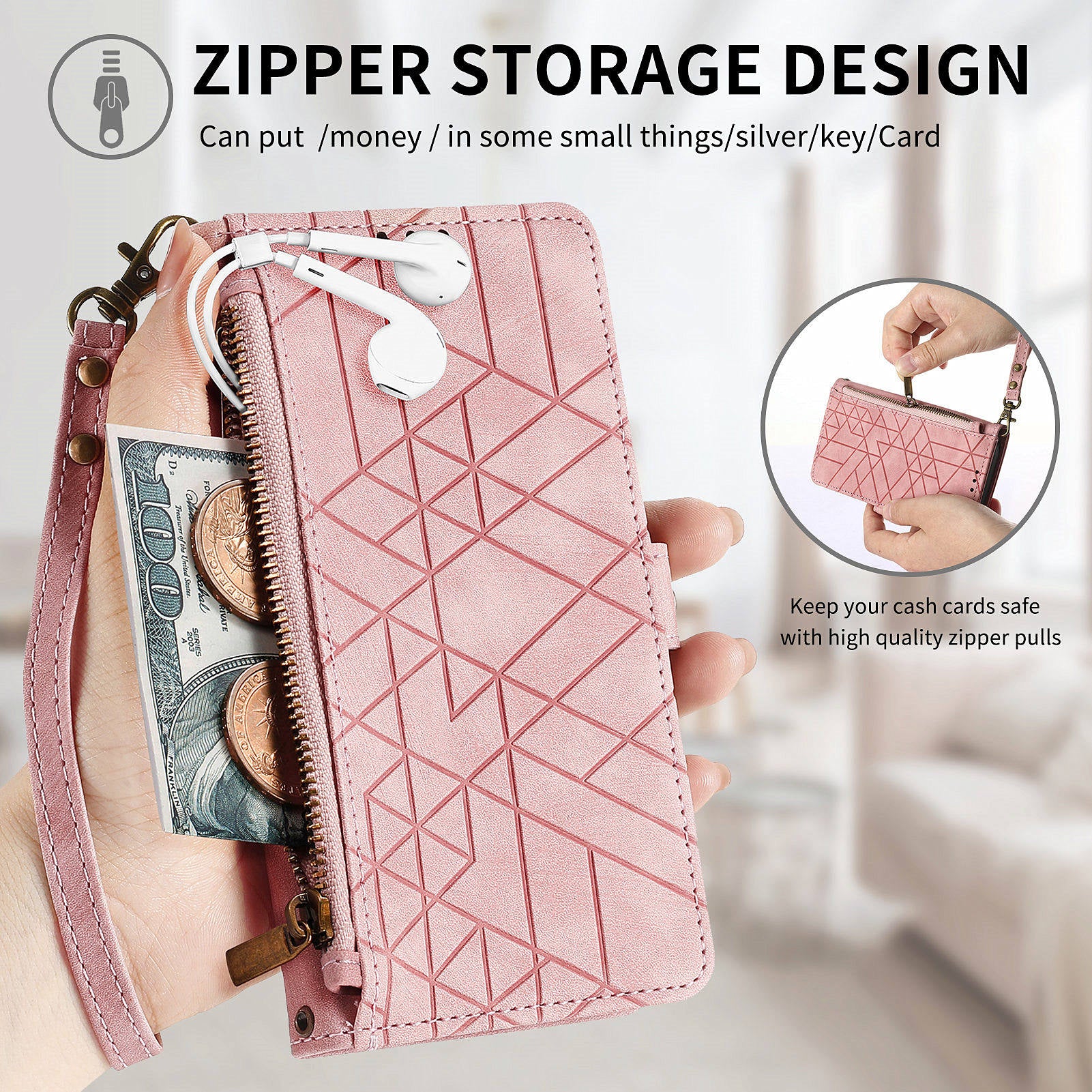 Leather Case for Google Pixel 9 Pro Zipper Pocket Geometry Mobile Phone Wallet Cover - Pink