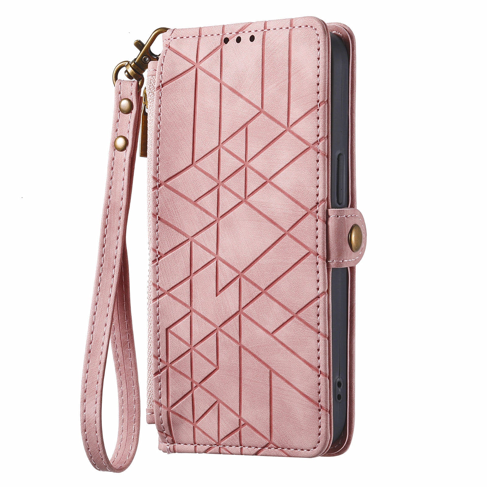 Leather Case for Google Pixel 9 Pro Zipper Pocket Geometry Mobile Phone Wallet Cover - Pink