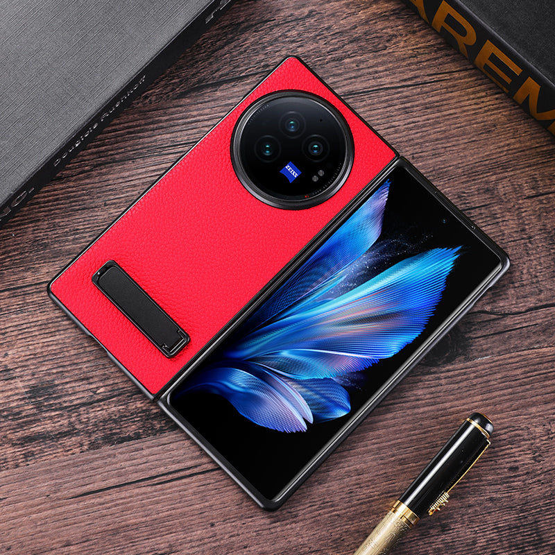 For vivo X Fold3 Pro Cell Phone Cover Drop-proof PC+PU Leather Hidden Kickstand Case - Red