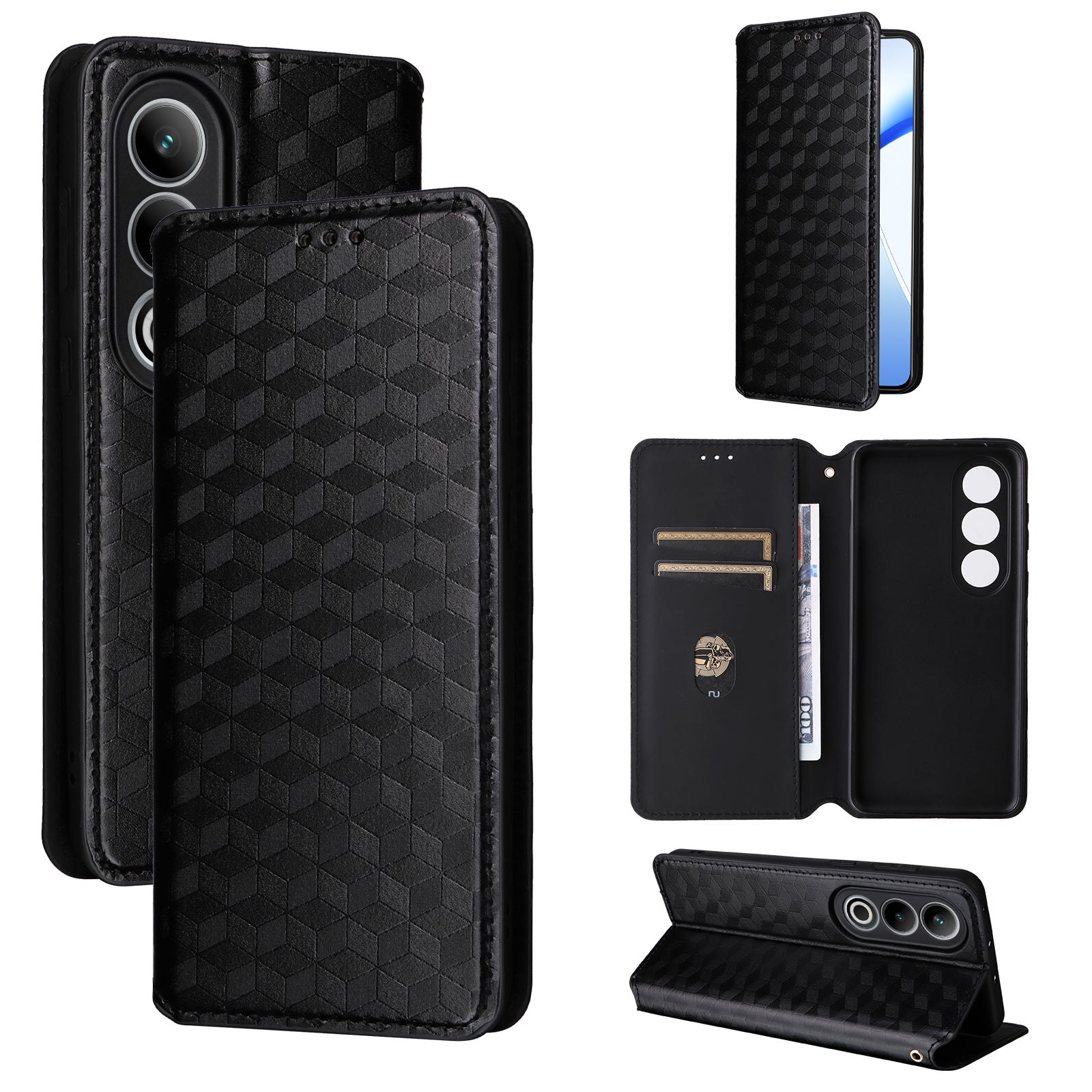 For OnePlus Nord CE4 5G Wallet Case Rhombus Imprinted PU Leather Phone Cover - Black