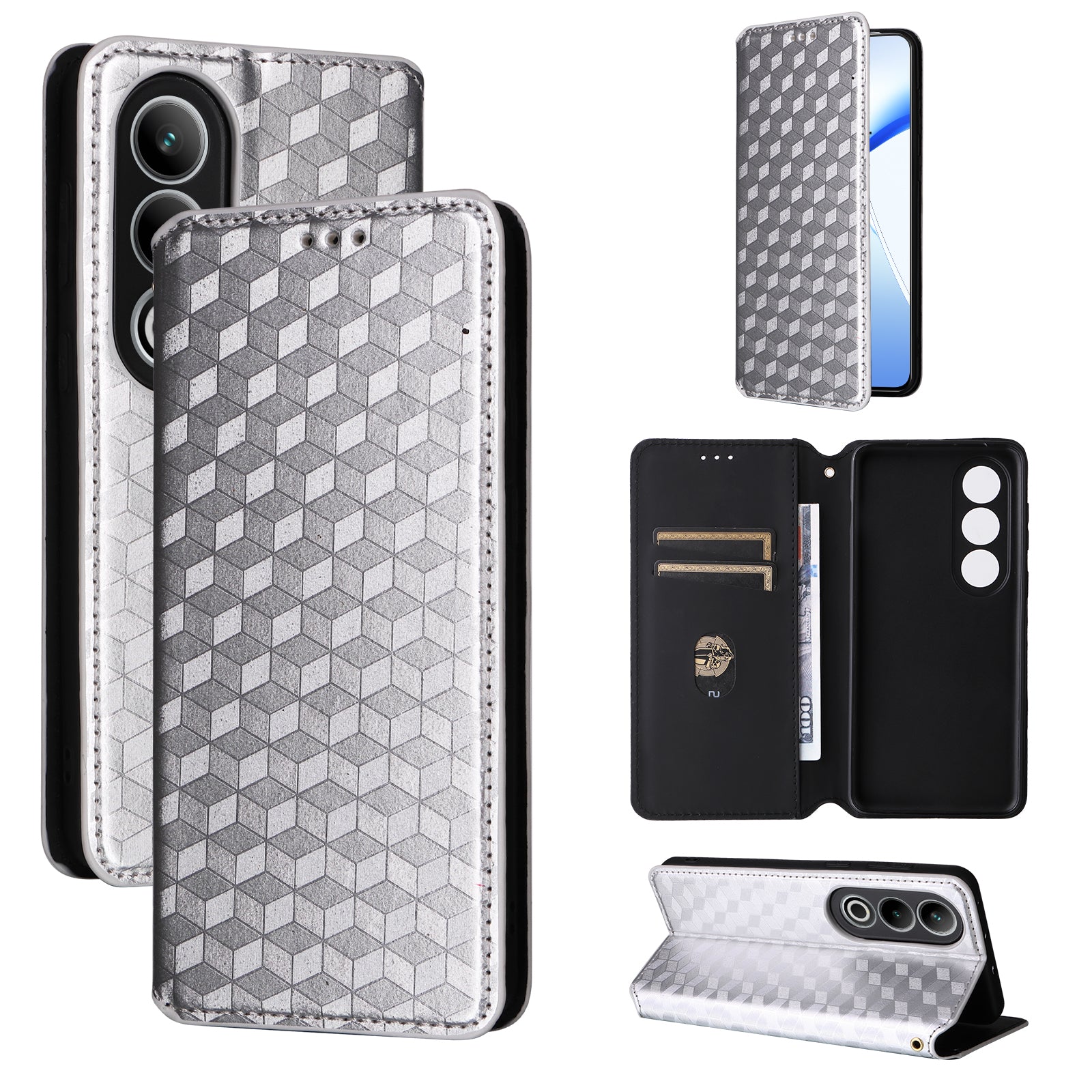 For OnePlus Nord CE4 5G Wallet Case Rhombus Imprinted PU Leather Phone Cover - Silver