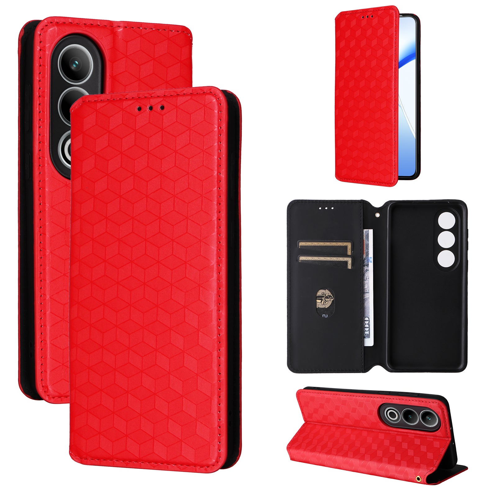 For OnePlus Nord CE4 5G Wallet Case Rhombus Imprinted PU Leather Phone Cover - Red