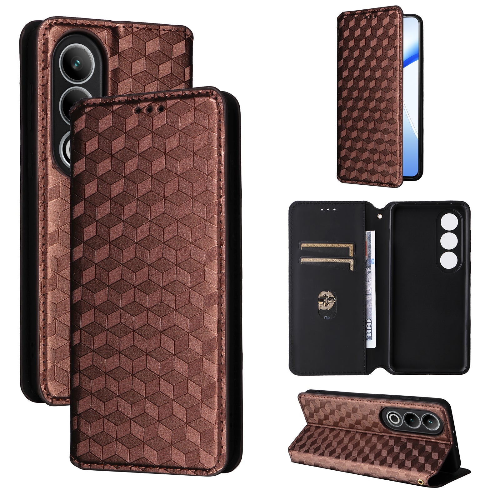 For OnePlus Nord CE4 5G Wallet Case Rhombus Imprinted PU Leather Phone Cover - Brown