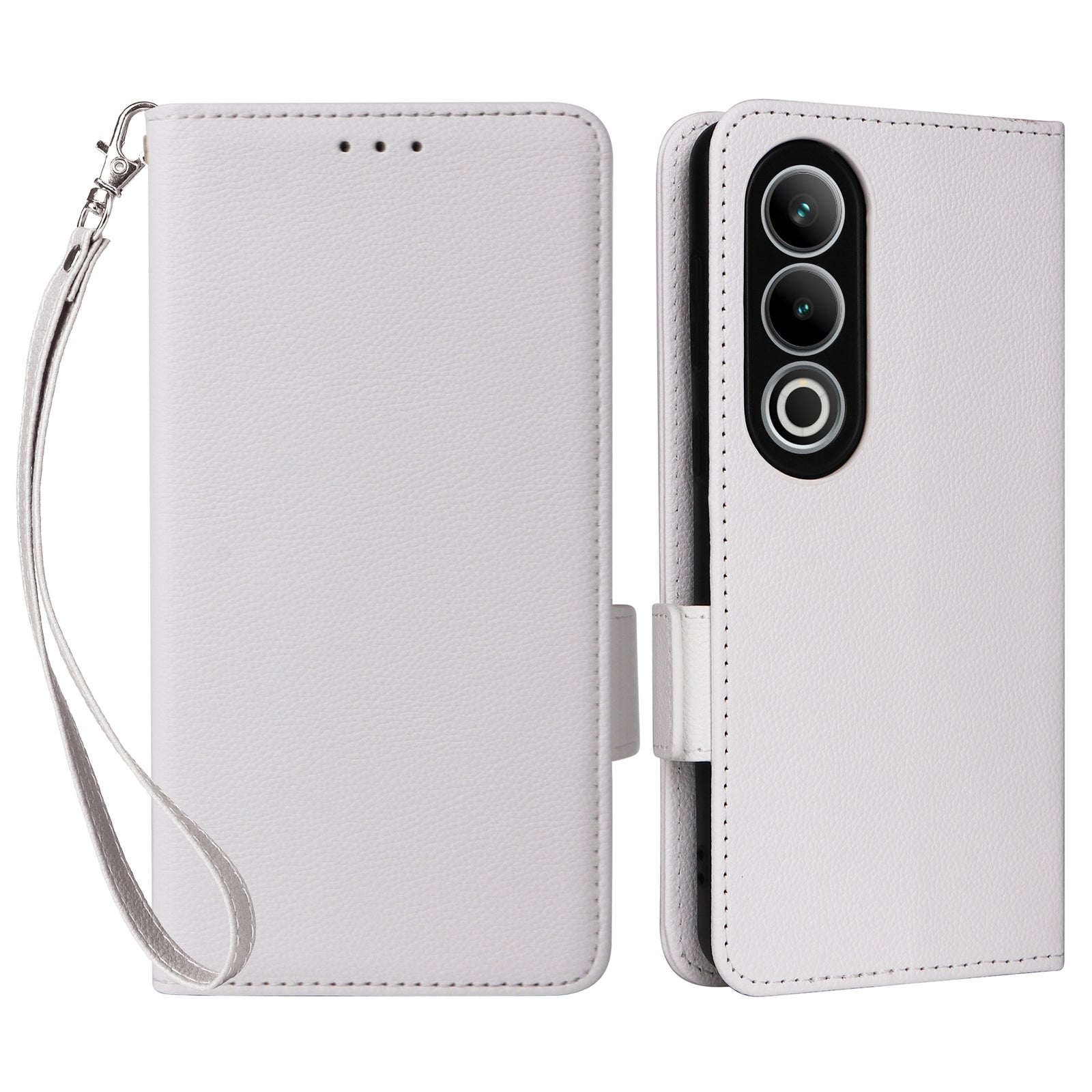 For OnePlus Nord CE4 5G Leather Case with Hand Strap Litchi Texture Wallet Cover - White