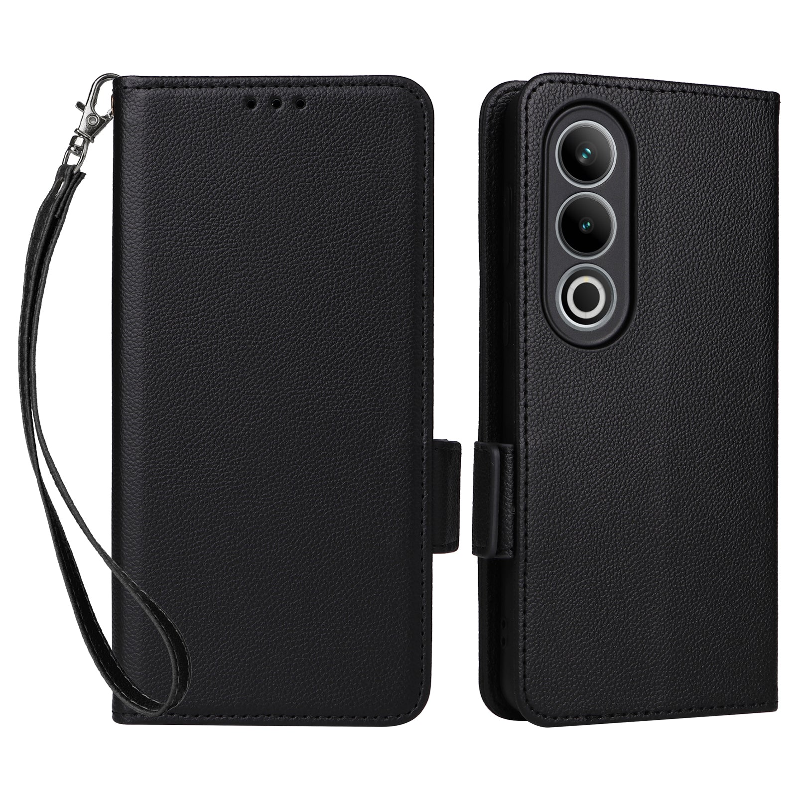 For OnePlus Nord CE4 5G Leather Case with Hand Strap Litchi Texture Wallet Cover - Black