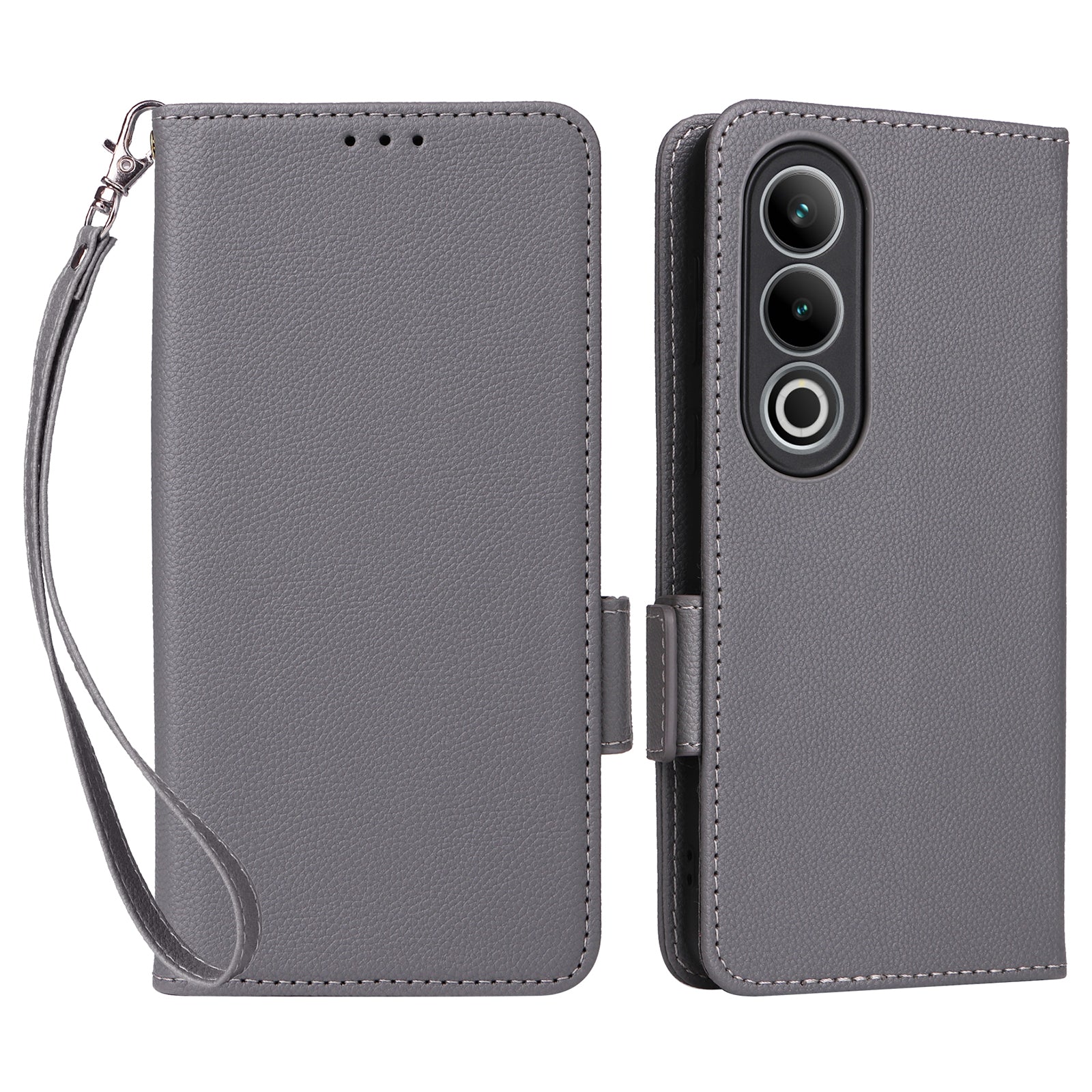 For OnePlus Nord CE4 5G Leather Case with Hand Strap Litchi Texture Wallet Cover - Grey