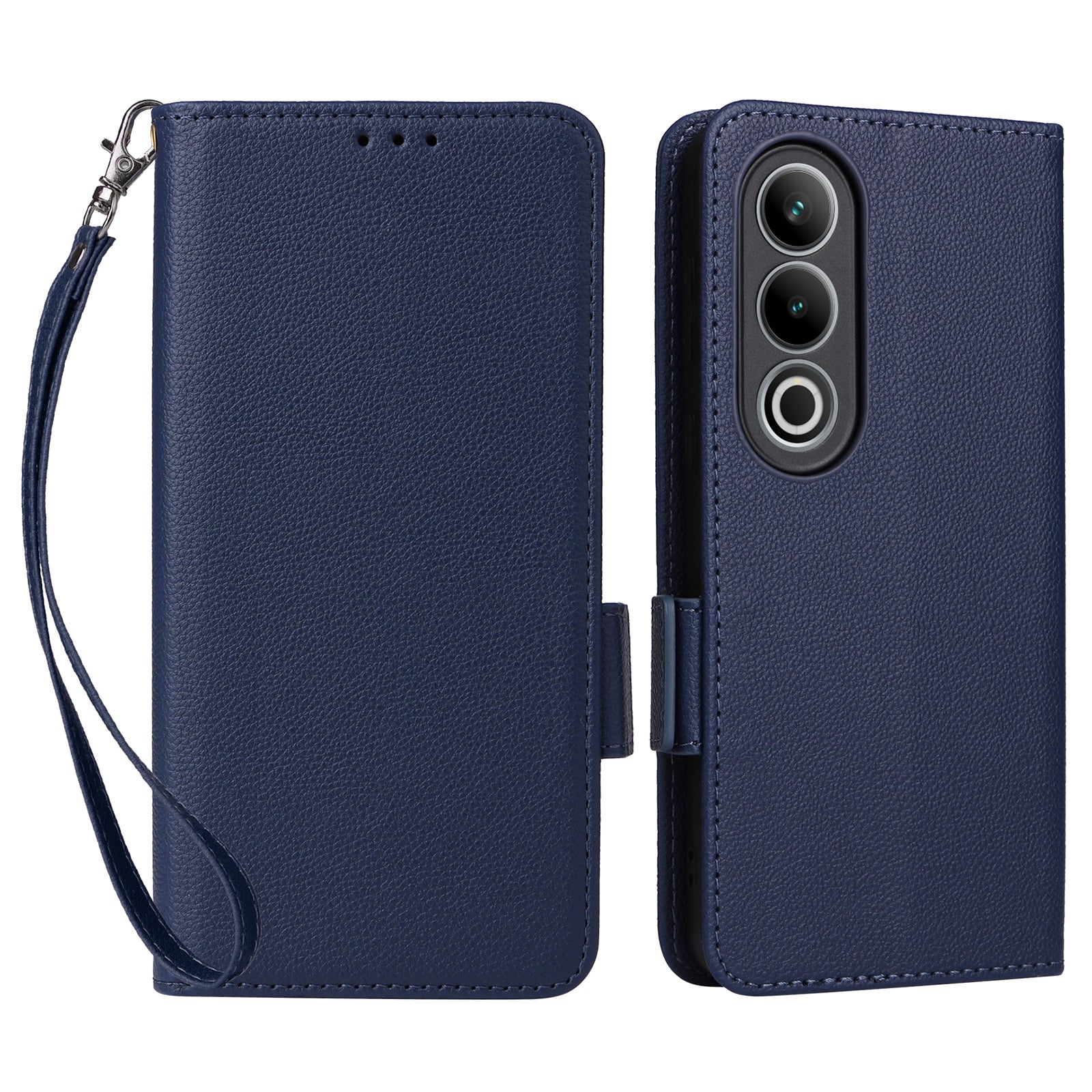 For OnePlus Nord CE4 5G Leather Case with Hand Strap Litchi Texture Wallet Cover - Dark Blue