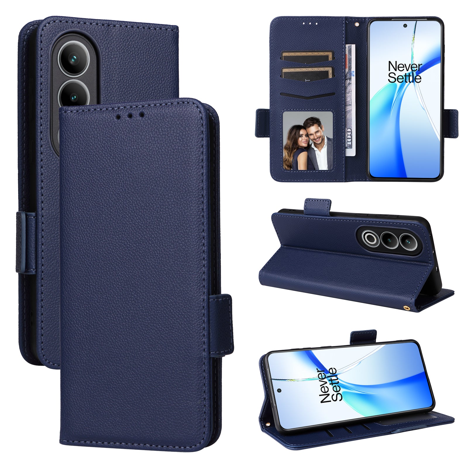 For OnePlus Nord CE4 5G Leather Case with Hand Strap Litchi Texture Wallet Cover - Dark Blue