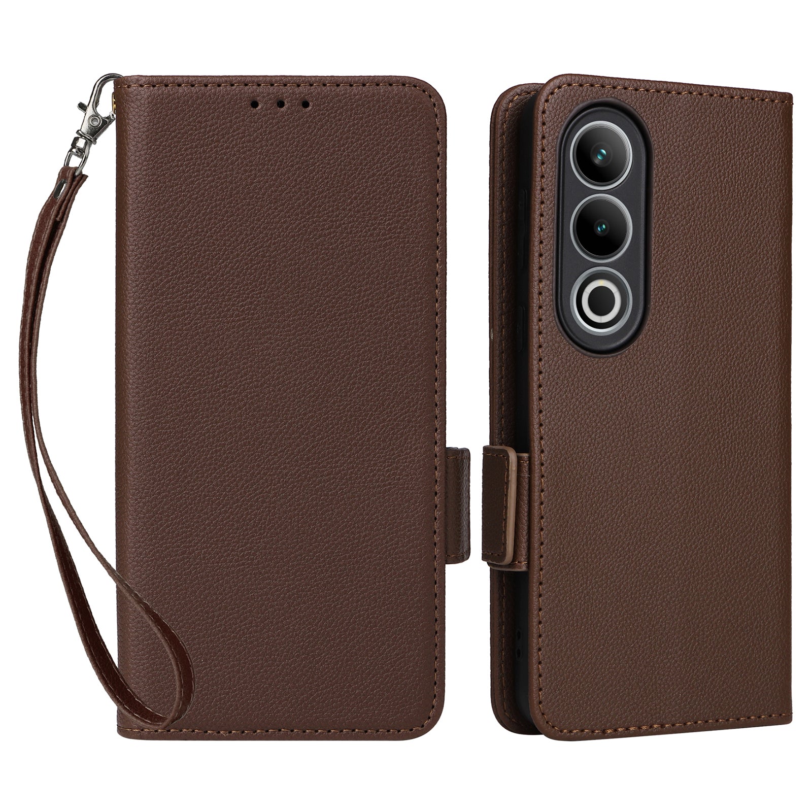 For OnePlus Nord CE4 5G Leather Case with Hand Strap Litchi Texture Wallet Cover - Brown