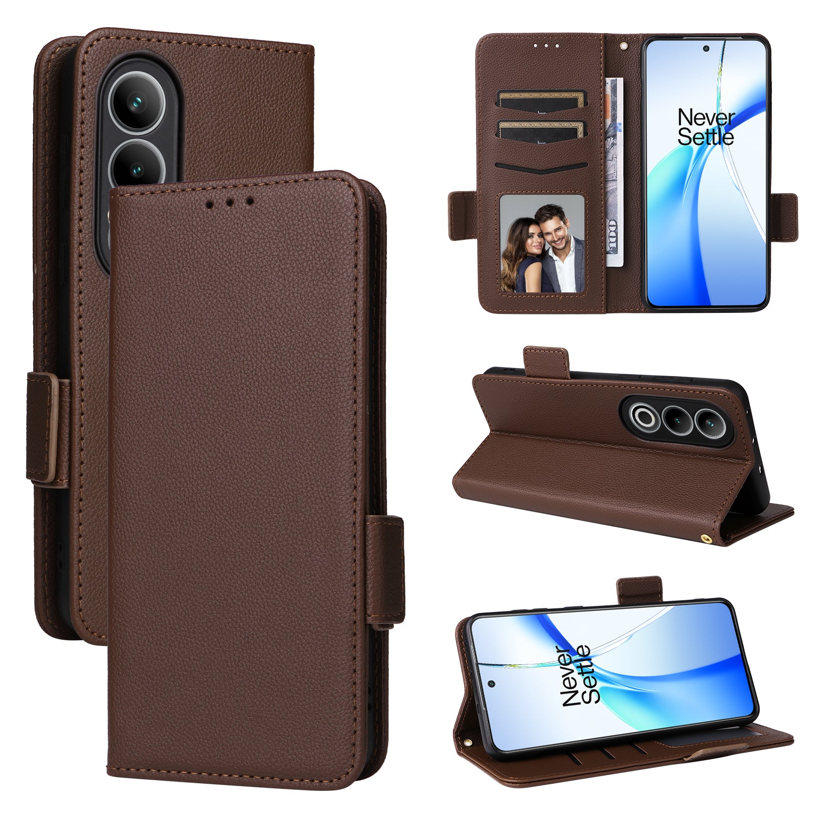 For OnePlus Nord CE4 5G Leather Case with Hand Strap Litchi Texture Wallet Cover - Brown