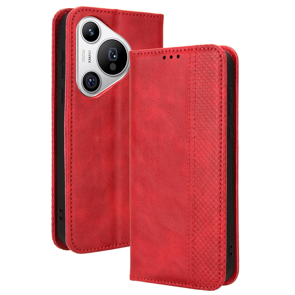 For Huawei Pura 70 Case Stand Wallet Retro Texture Leather Flip Phone Cover - Red