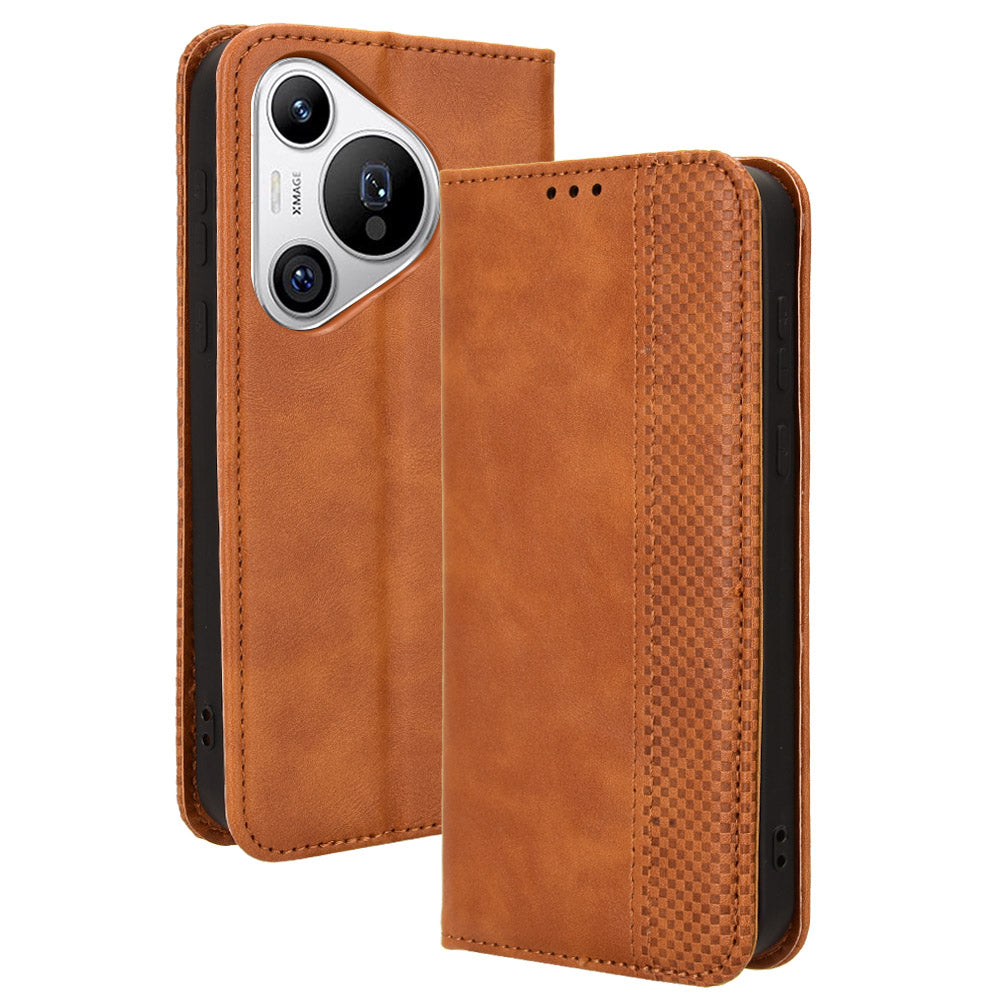 For Huawei Pura 70 Case Stand Wallet Retro Texture Leather Flip Phone Cover - Brown