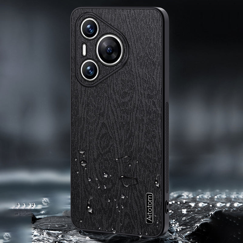 For Huawei Pura 70 Case Wood Grain PU Leather+PC+TPU Slim-Fit Phone Guard Cover - Black