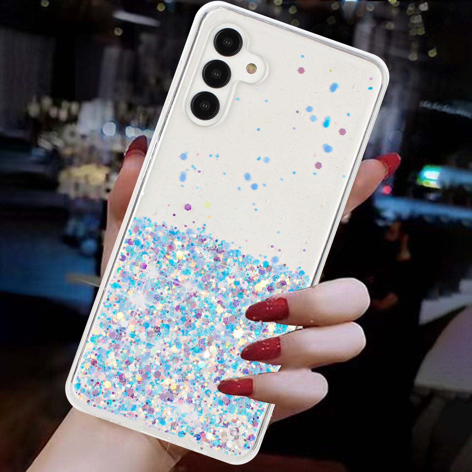 For Samsung Galaxy S24 Case Sparkle Sequins Luminous Epoxy TPU Phone Cover - White
