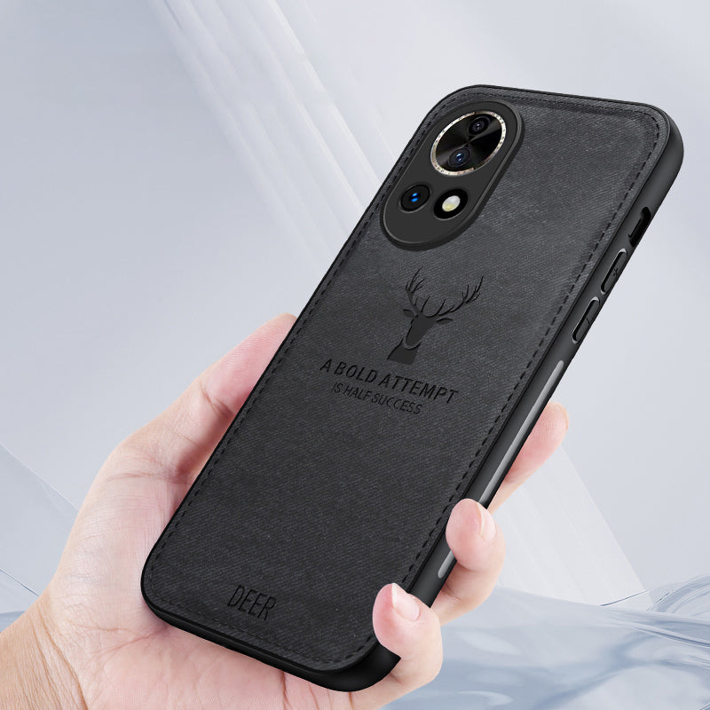 Phone Cover for Huawei nova 12 5G Case Deer Pattern Cloth Texture Leather+PC+TPU Shell - Black