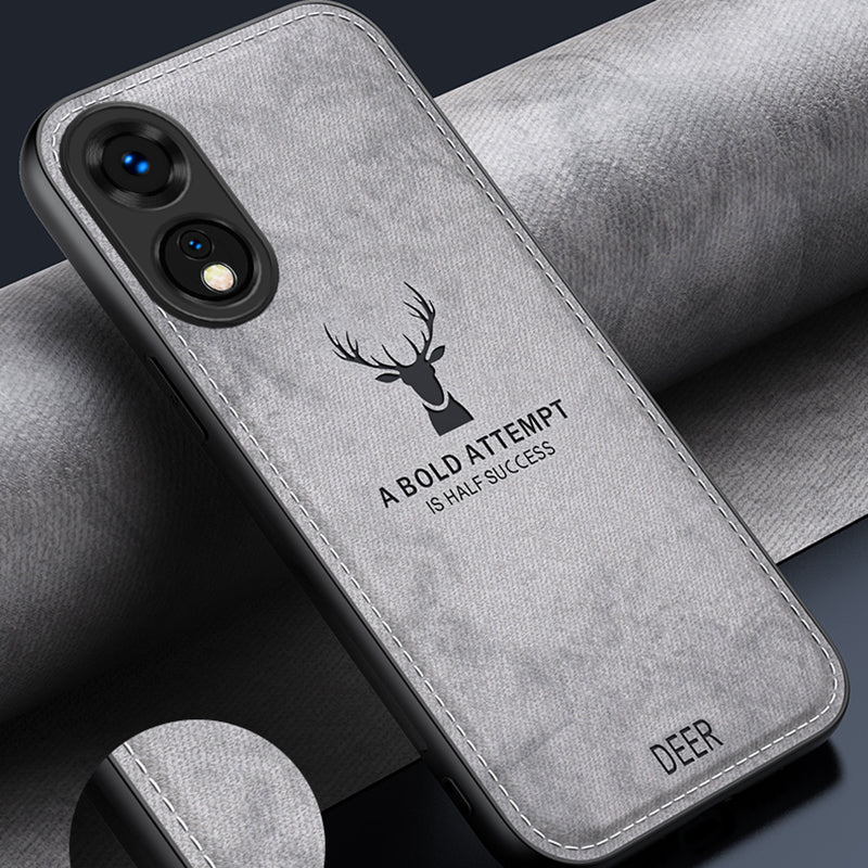 For Oppo A78 4G Case Deer Pattern Cloth Texture Leather+PC+TPU Hybrid Phone Cover - Grey