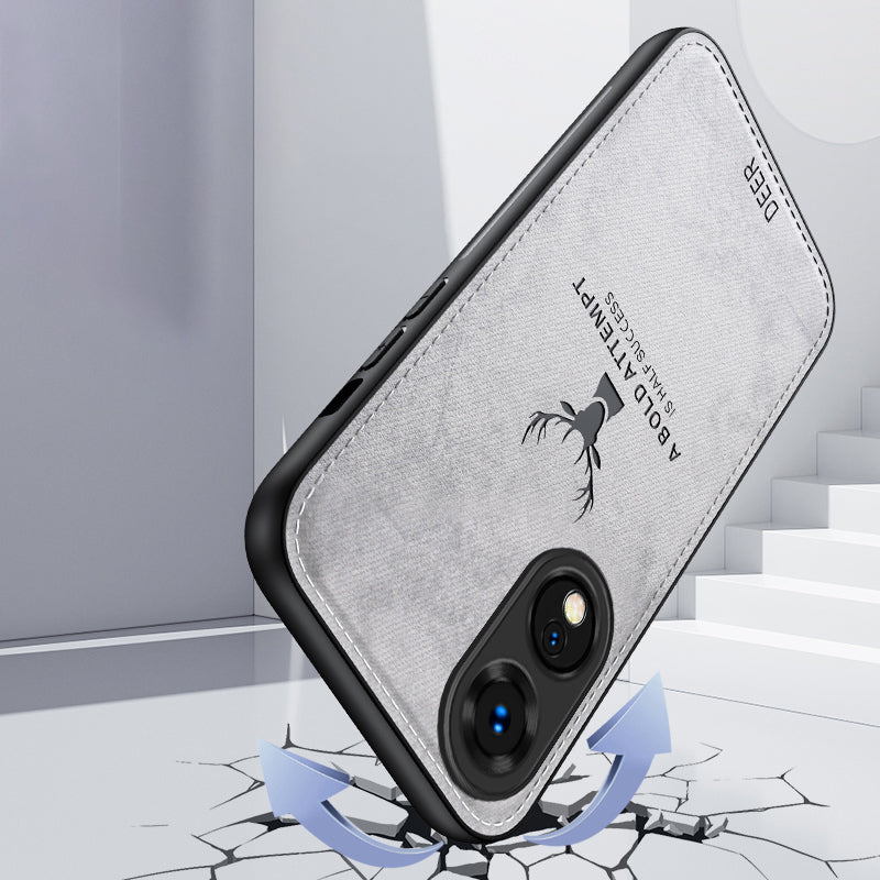 For Oppo A78 4G Case Deer Pattern Cloth Texture Leather+PC+TPU Hybrid Phone Cover - Black