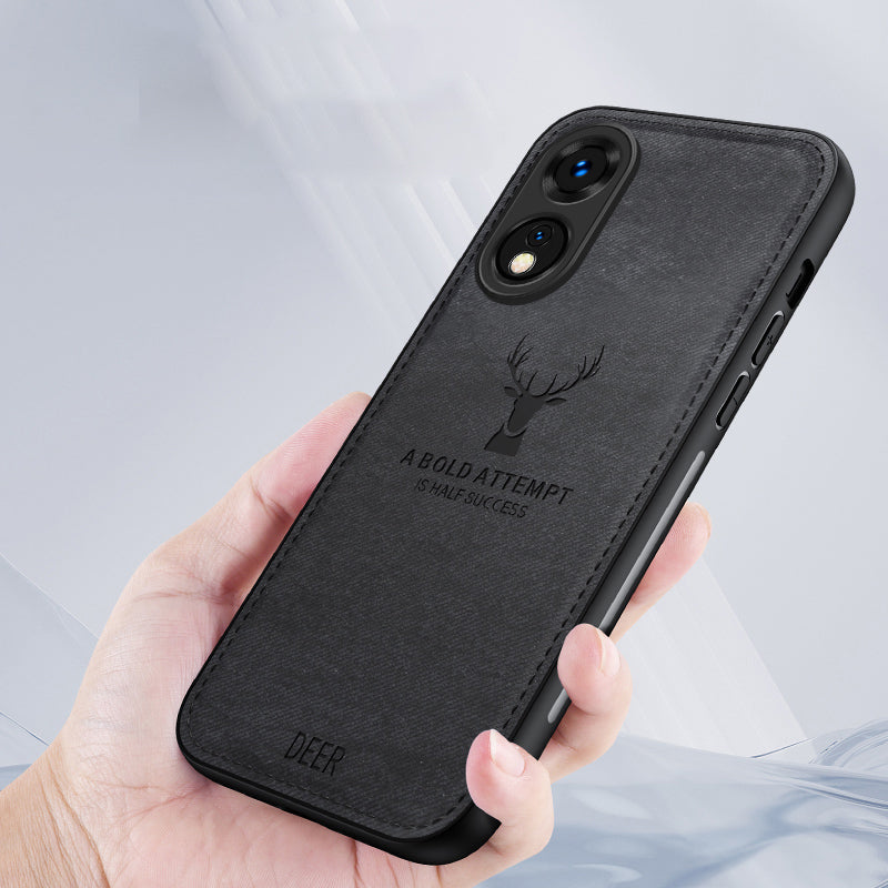 For Oppo A78 4G Case Deer Pattern Cloth Texture Leather+PC+TPU Hybrid Phone Cover - Black