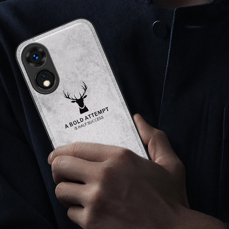 For Oppo A78 4G Case Deer Pattern Cloth Texture Leather+PC+TPU Hybrid Phone Cover - Black