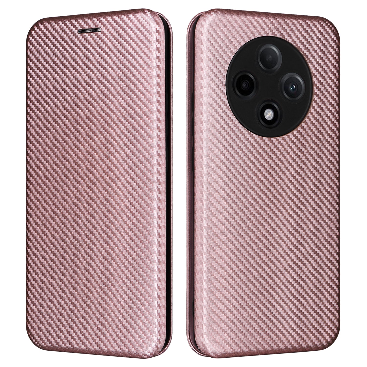 For Oppo A3 Pro 5G Case with Card Holder Carbon Fiber Texture Leather Magnetic Closure Phone Cover - Rose Gold