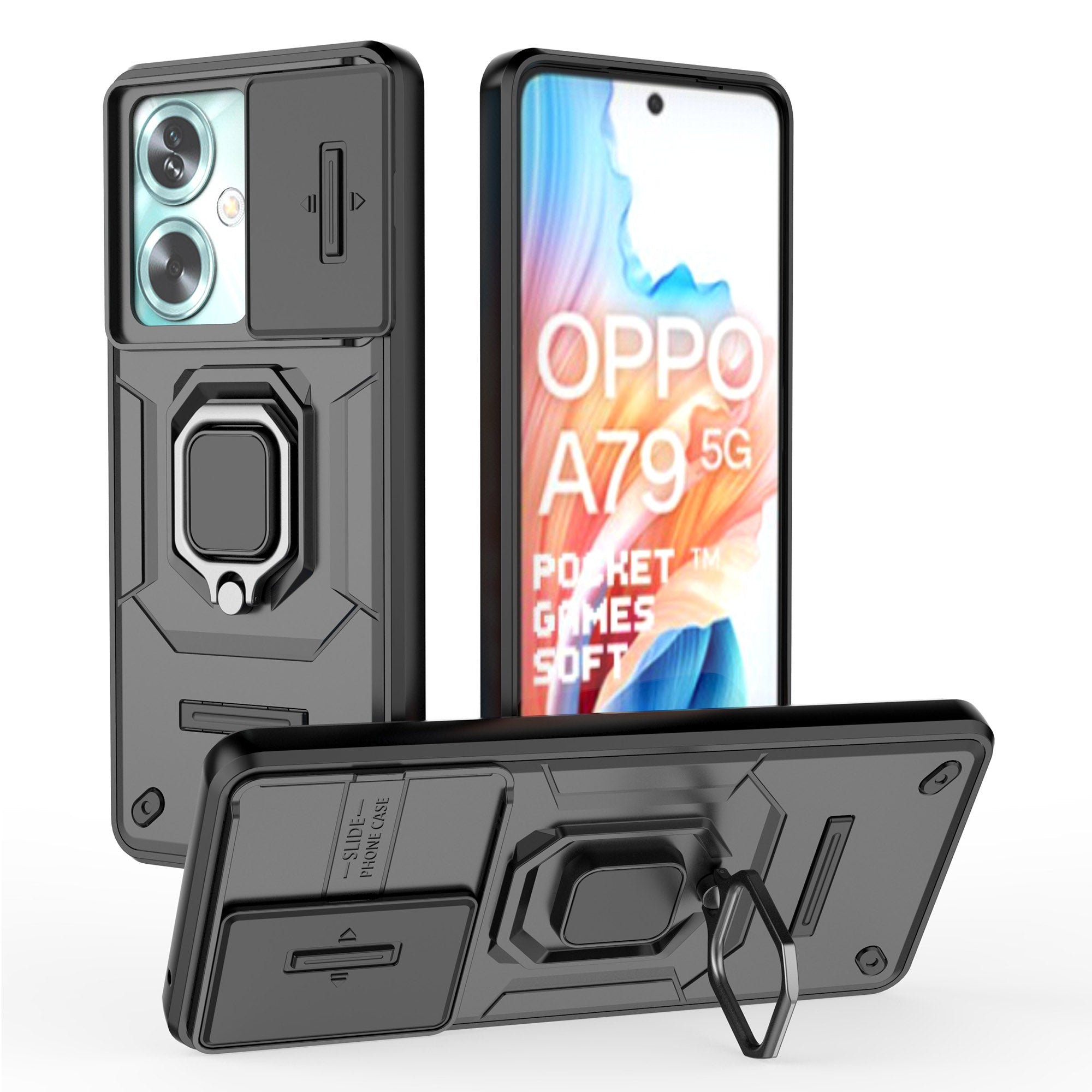 For Oppo A79 5G / A2 5G Case Camera Protection PC+TPU Phone Cover with Ring Kickstand - Black