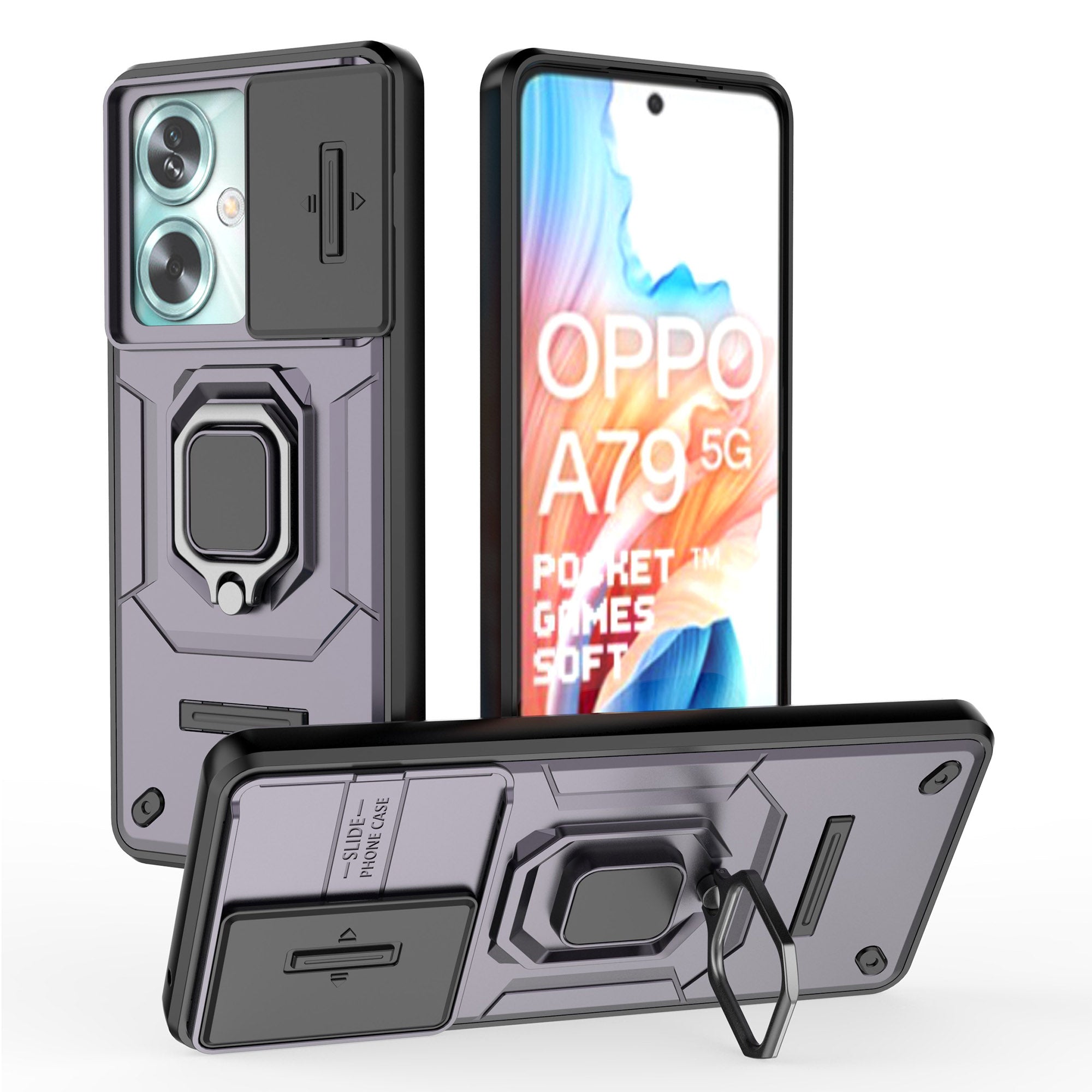 For Oppo A79 5G / A2 5G Case Camera Protection PC+TPU Phone Cover with Ring Kickstand - Purple