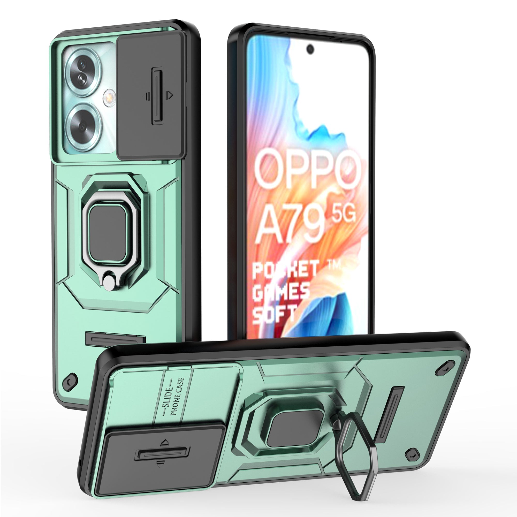 For Oppo A79 5G / A2 5G Case Camera Protection PC+TPU Phone Cover with Ring Kickstand - Green