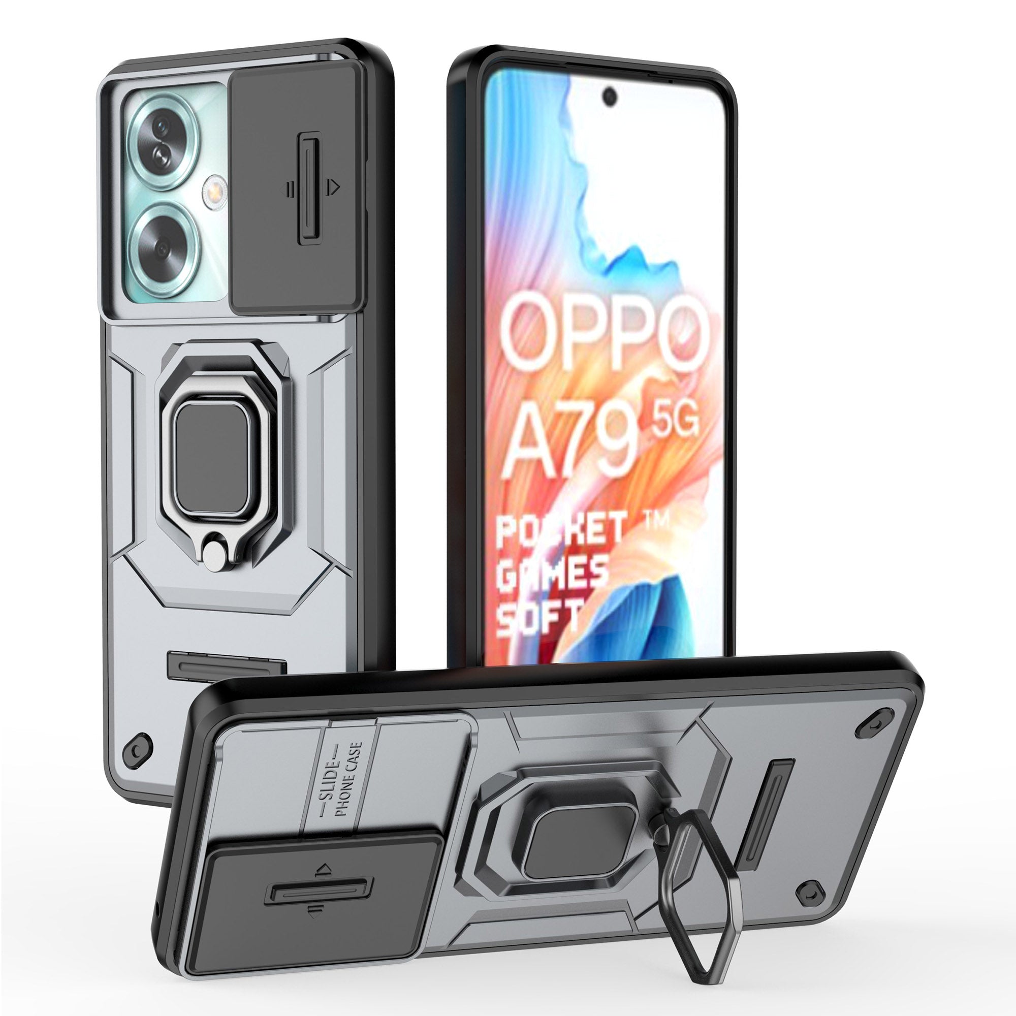 For Oppo A79 5G / A2 5G Case Camera Protection PC+TPU Phone Cover with Ring Kickstand - Grey
