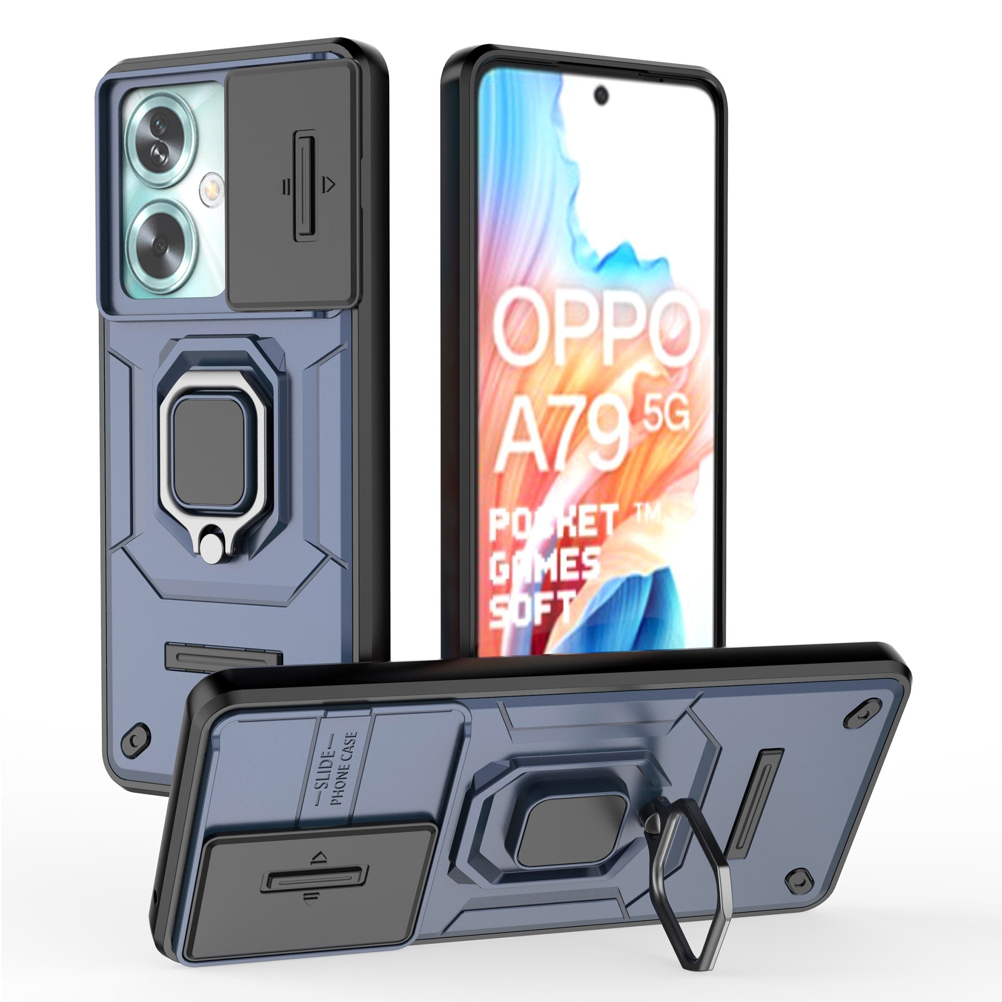 For Oppo A79 5G / A2 5G Case Camera Protection PC+TPU Phone Cover with Ring Kickstand - Blue