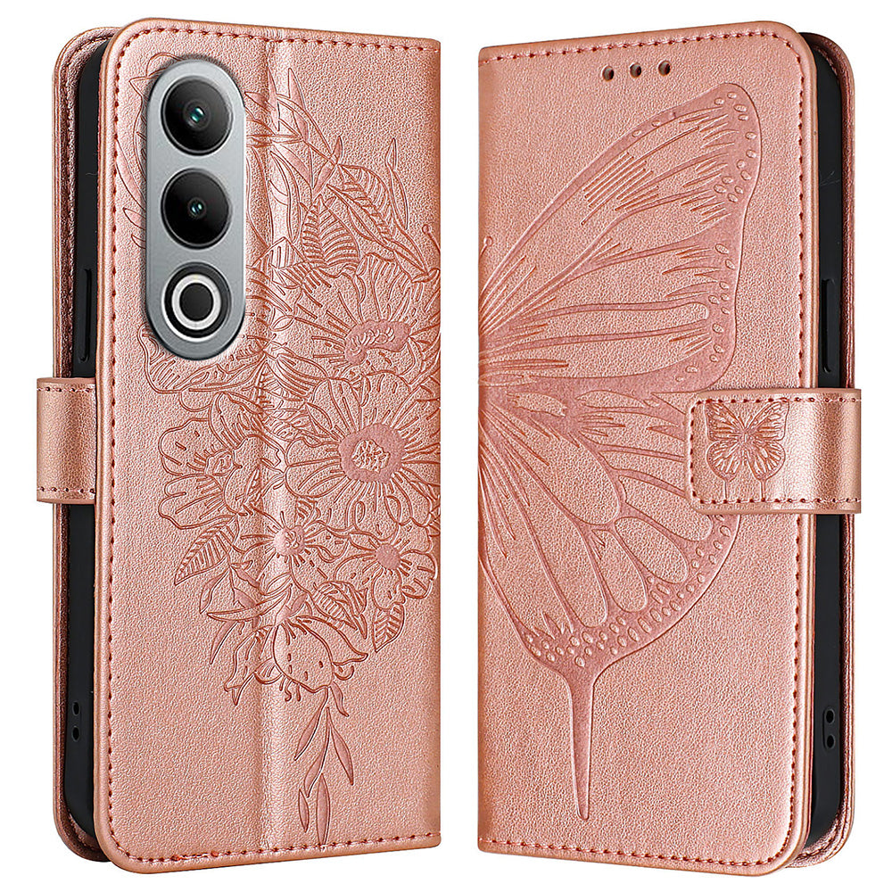 YB Imprinting Series-4 For OnePlus Nord CE4 5G Leather Case Stand Wallet Butterfly Phone Cover - Rose Gold