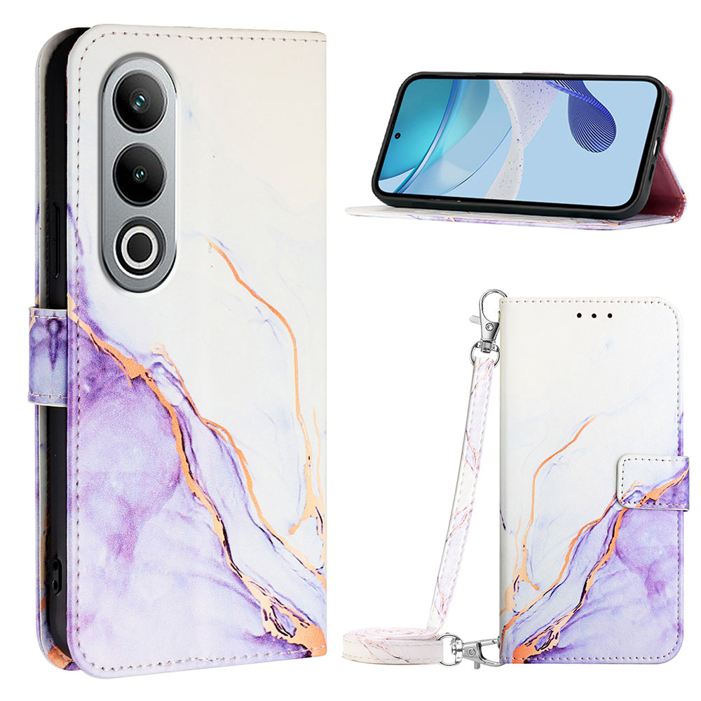 YB Pattern Printing Leather Series-6 For OnePlus Nord CE4 5G Case Stand Flip Phone Cover with Shoulder Strap - White / Purple LS006