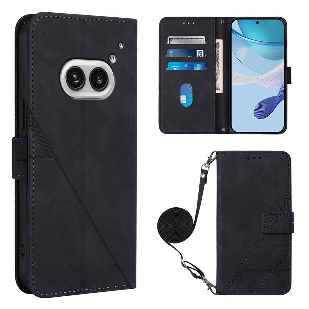 YB Imprinting Series-2 for Nothing Phone (2a) Case PU Leather Imprinted Phone Cover with Shoulder Strap - Black