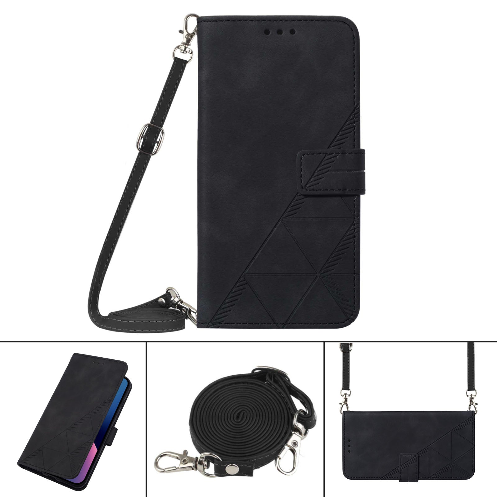 YB Imprinting Series-2 for Nothing Phone (2a) Case PU Leather Imprinted Phone Cover with Shoulder Strap - Black