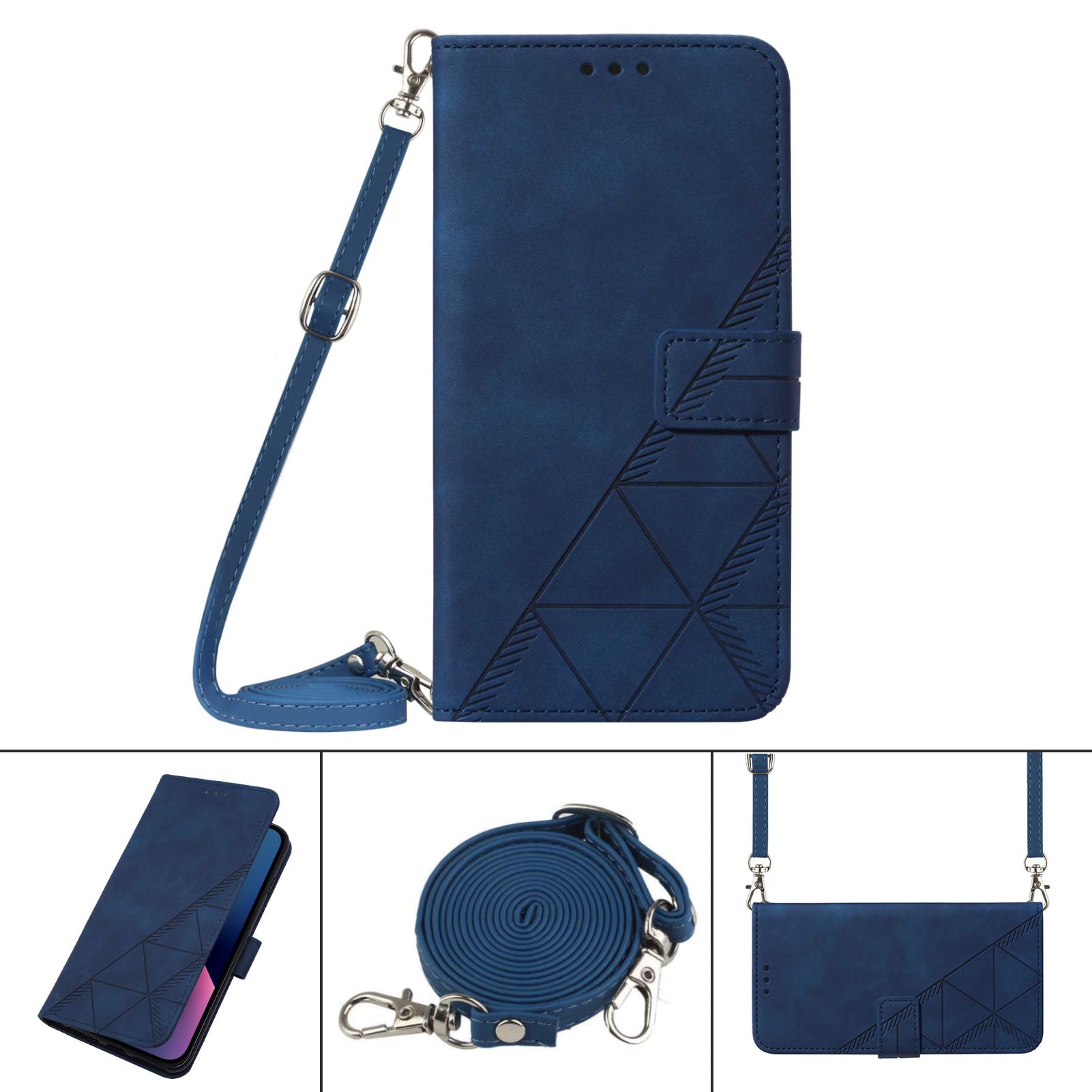 YB Imprinting Series-2 for Nothing Phone (2a) Case PU Leather Imprinted Phone Cover with Shoulder Strap - Sapphire