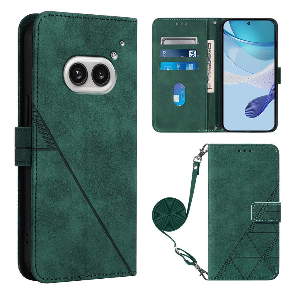 YB Imprinting Series-2 for Nothing Phone (2a) Case PU Leather Imprinted Phone Cover with Shoulder Strap - Blackish Green