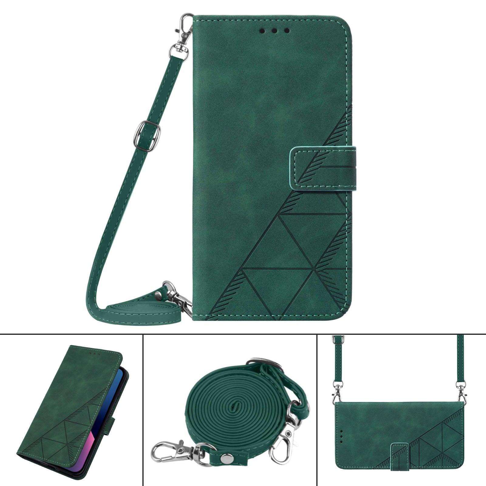 YB Imprinting Series-2 for Nothing Phone (2a) Case PU Leather Imprinted Phone Cover with Shoulder Strap - Blackish Green