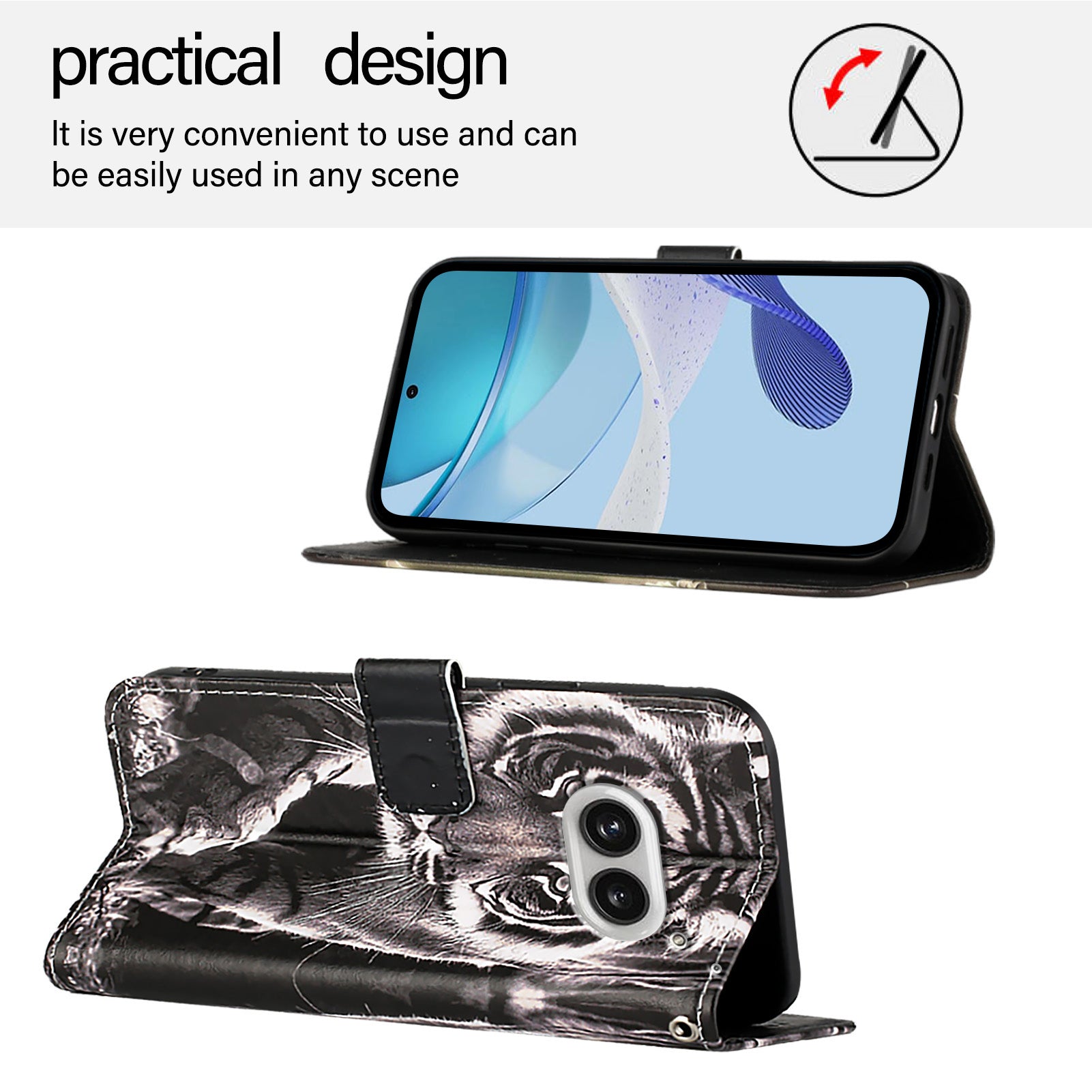 YB Pattern Printing Leather Series-4 for Nothing Phone (2a) Case Stand Leather Flip Phone Cover - Tiger