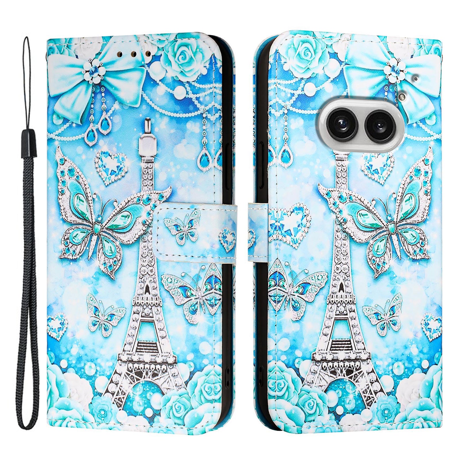 YB Pattern Printing Leather Series-4 for Nothing Phone (2a) Case Stand Leather Flip Phone Cover - Eiffel Tower and Butterfly