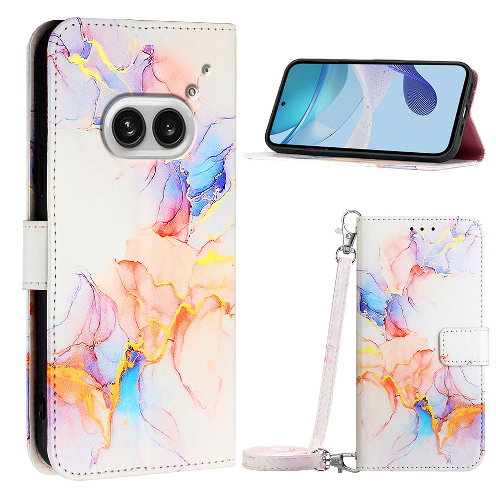 YB Pattern Printing Leather Series-6 For Nothing Phone (2a) Phone Wallet Case with Shoulder Strap - Milky Way Marble White LS004