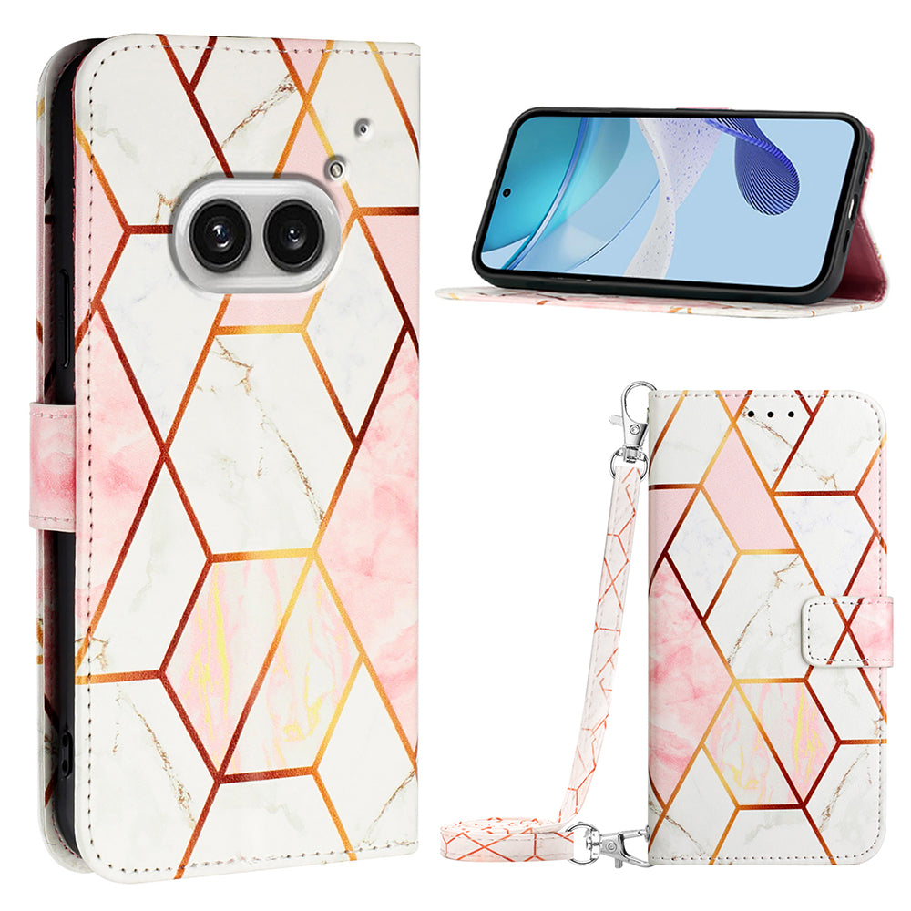 YB Pattern Printing Leather Series-6 For Nothing Phone (2a) Phone Wallet Case with Shoulder Strap - Pink / White LS002