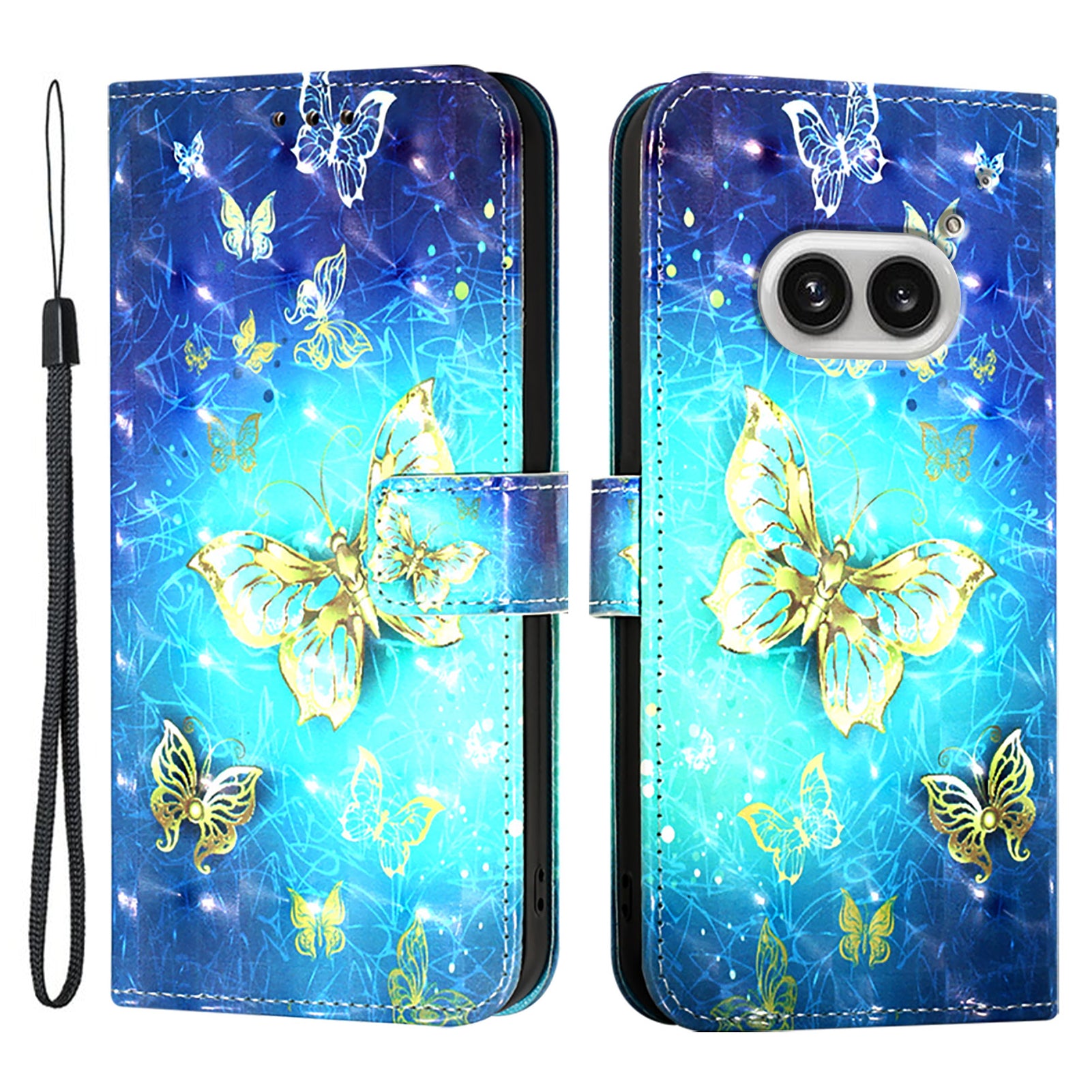 YB Pattern Printing Leather Series-2 For Nothing Phone (2a) Case Leather Phone Cover - Golden Butterflies