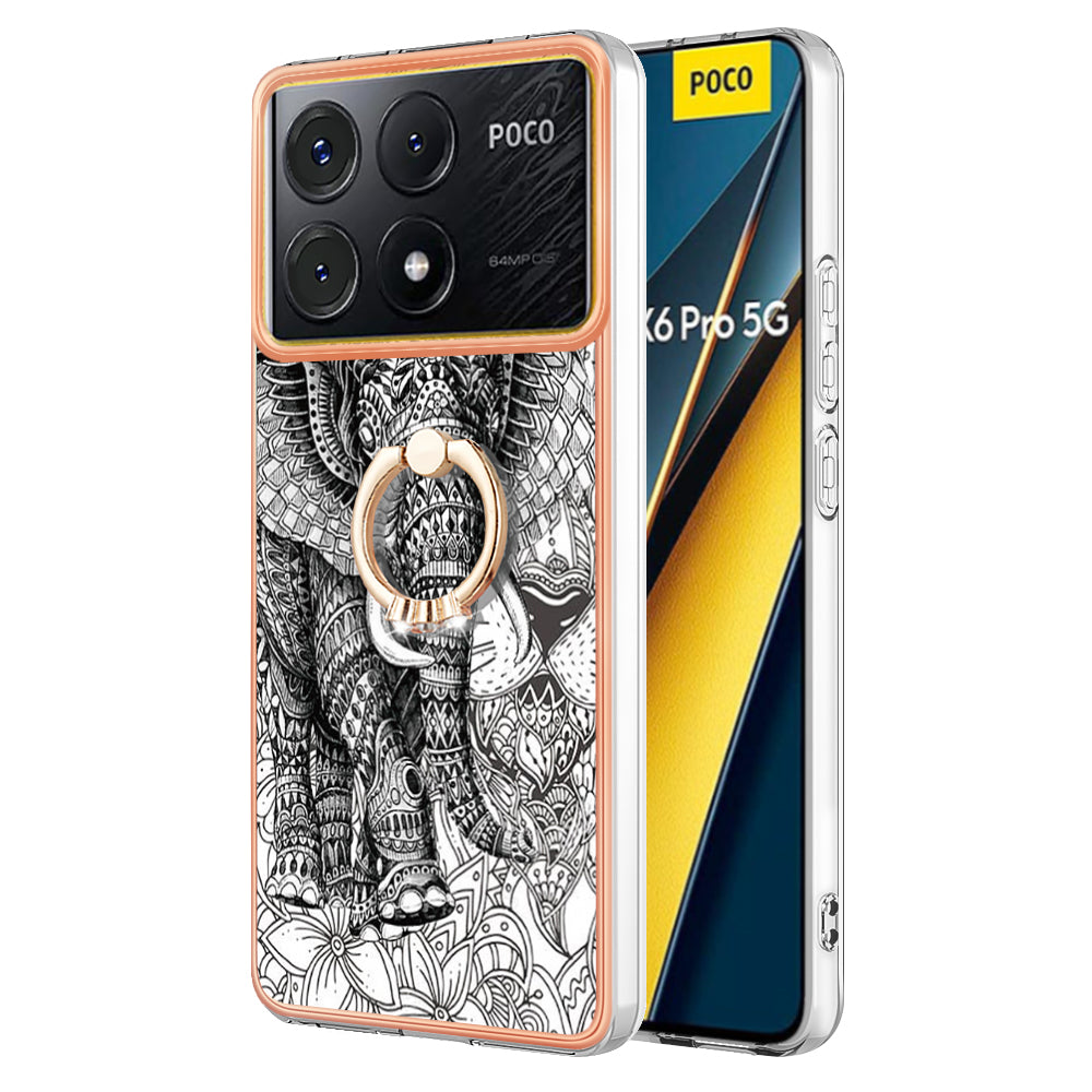 YB IMD Series-20 Style D for Xiaomi Poco X6 Pro 5G / Redmi K70E 5G Case 2.0mm TPU Shelwith Ring Kickstand - Totem Elephant