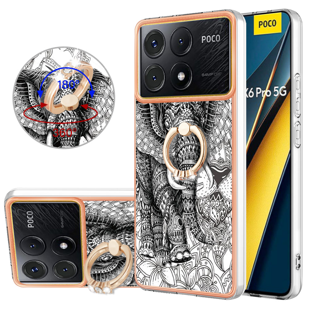 YB IMD Series-20 Style D for Xiaomi Poco X6 Pro 5G / Redmi K70E 5G Case 2.0mm TPU Shelwith Ring Kickstand - Totem Elephant