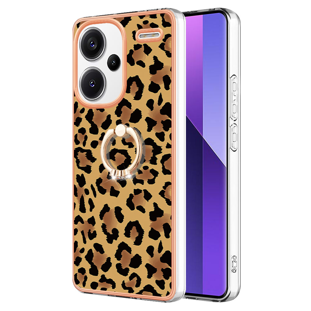 YB IMD Series-20 Style D for Xiaomi Redmi Note 13 Pro+ 5G Case with Ring Holder 2.0mm TPU Gold Edge Phone Cover - Leopard Print