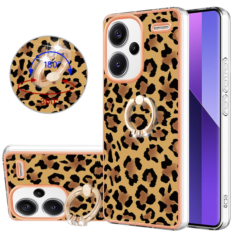 YB IMD Series-20 Style D for Xiaomi Redmi Note 13 Pro+ 5G Case with Ring Holder 2.0mm TPU Gold Edge Phone Cover - Leopard Print